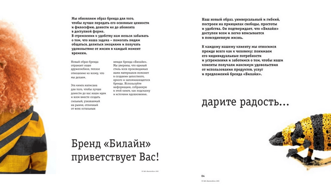 В брендбуке Билайна всего на двух страницах вместили всю основную платформу бренда.