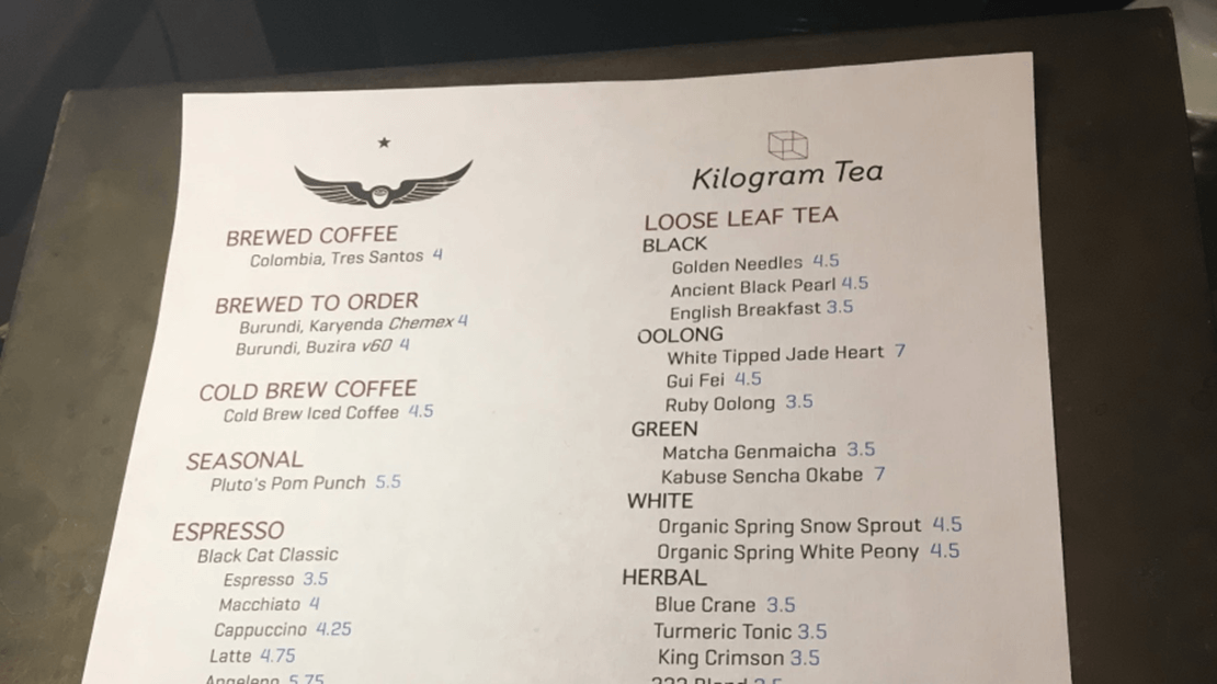 Меню популярной нью-йоркской кофейни Intelligentsia Coffee очень простое, хорошо структурированное и занимает одну страницу.