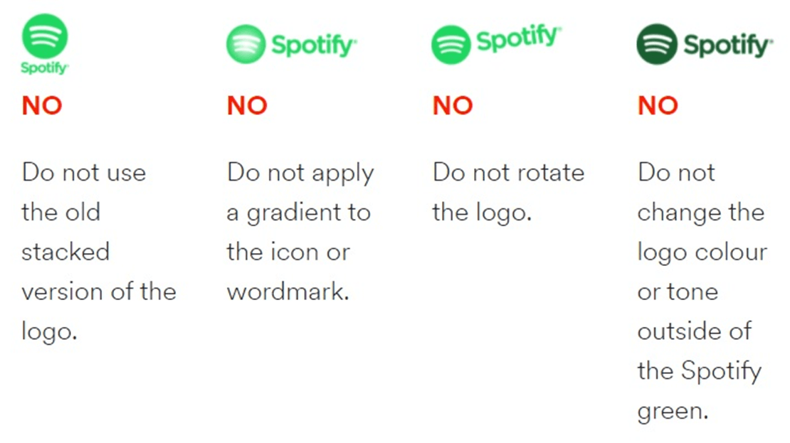 Отрывок из брендбука Spotify о том, как нельзя использовать лого компании